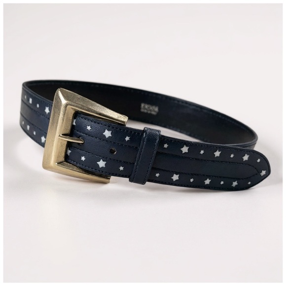 Escada Women’s Navy Leather Belt w/ White Stars & Silver Buckle. 33” x 1.5” - Picture 5 of 13